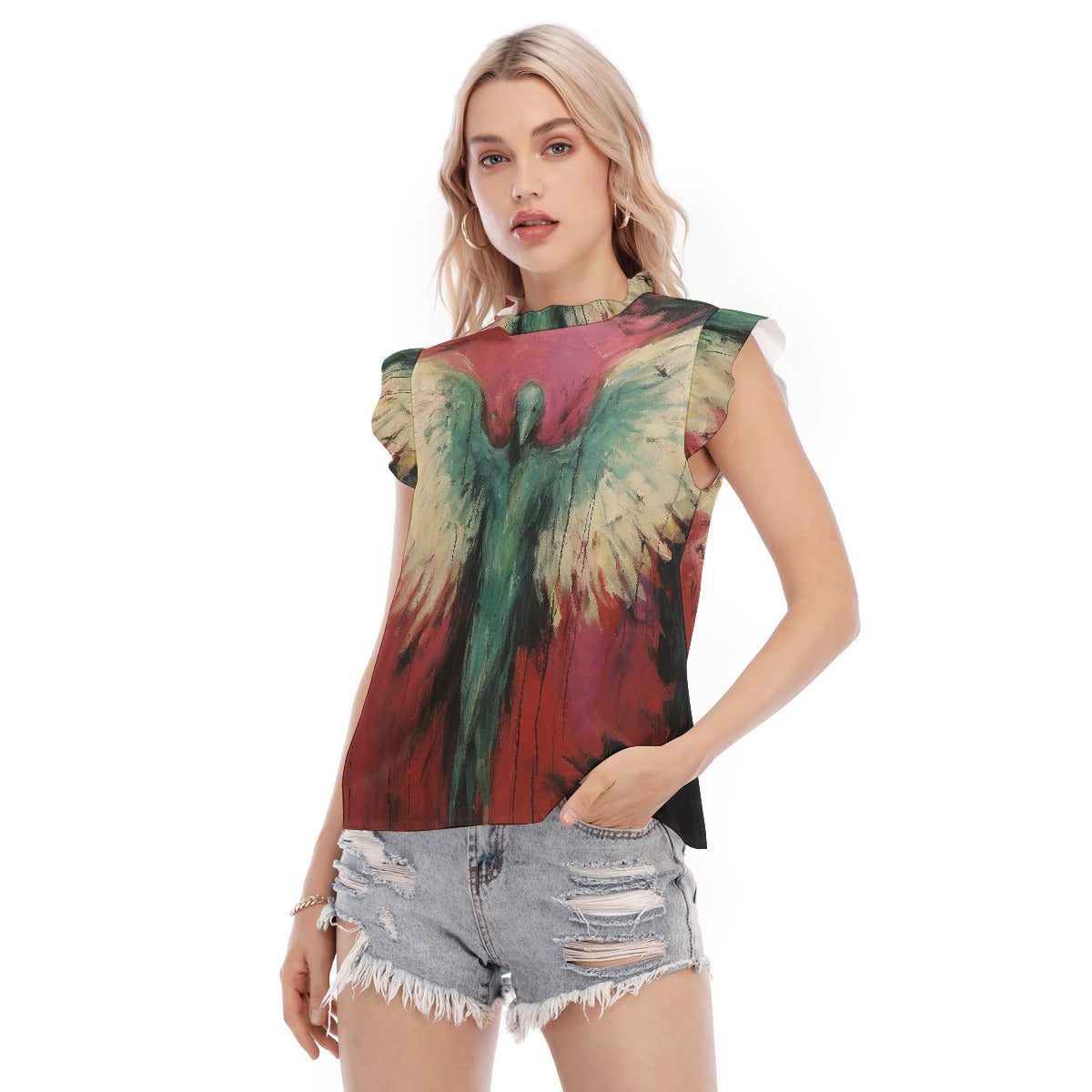 All-Over Print Women's Blouse With Ruffle Collar And Sleeve