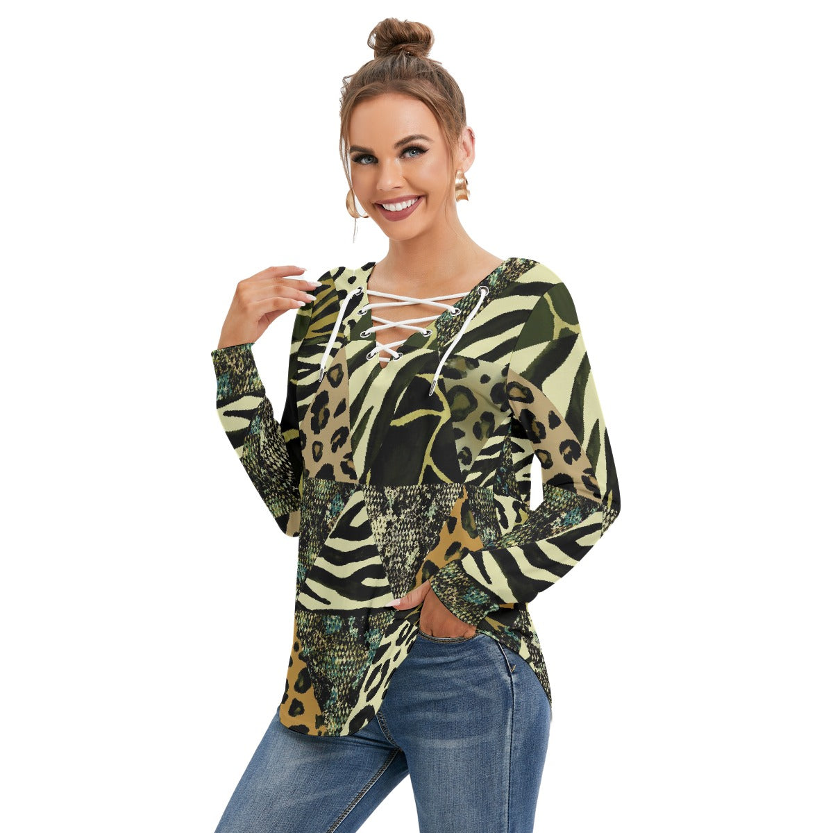 All-Over Print Women's Long Sleeve Neckline Tie Sweatshirt