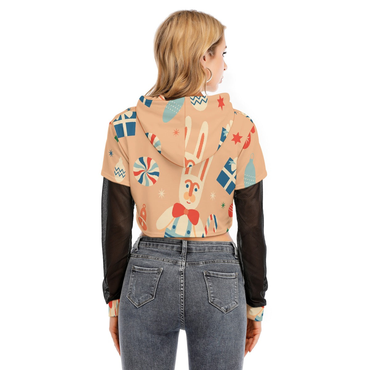All-Over Print Women's Fake Two-piece Mesh Sleeve Cropped Hoodie