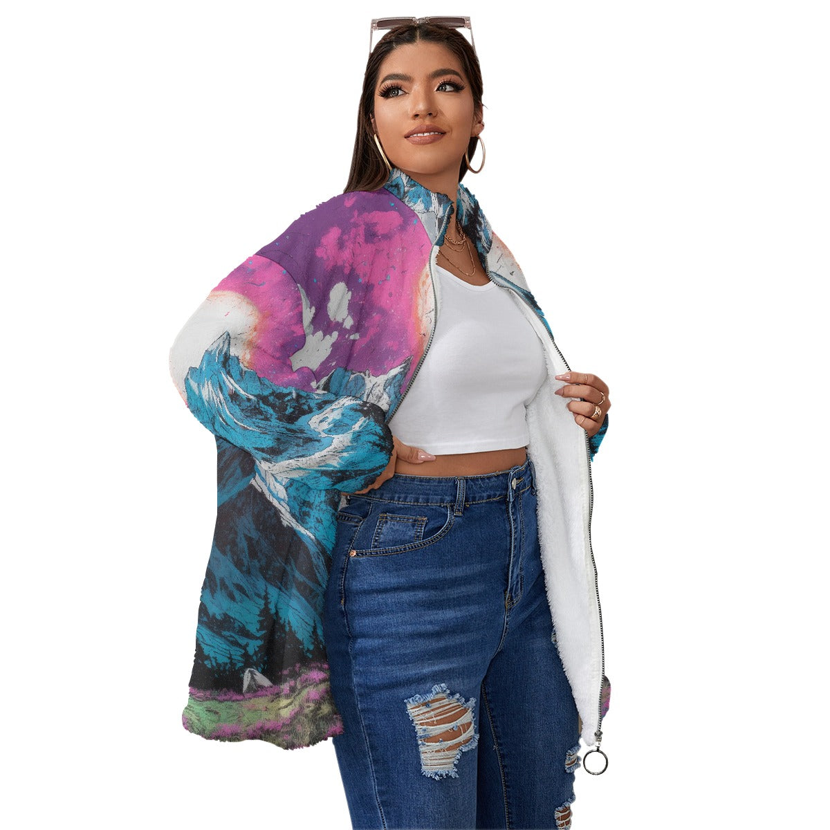 All-Over Print Unisex Borg Fleece Stand-up Collar Coat With Zipper Closure(Plus Size)