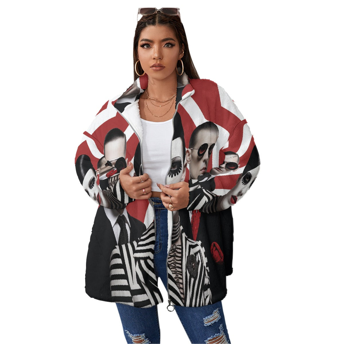 All-Over Print Unisex Borg Fleece Stand-up Collar Coat With Zipper Closure(Plus Size)