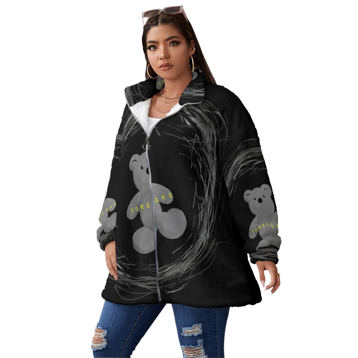 All-Over Print Unisex Borg Fleece Stand-up Collar Coat With Zipper Closure(Plus Size)