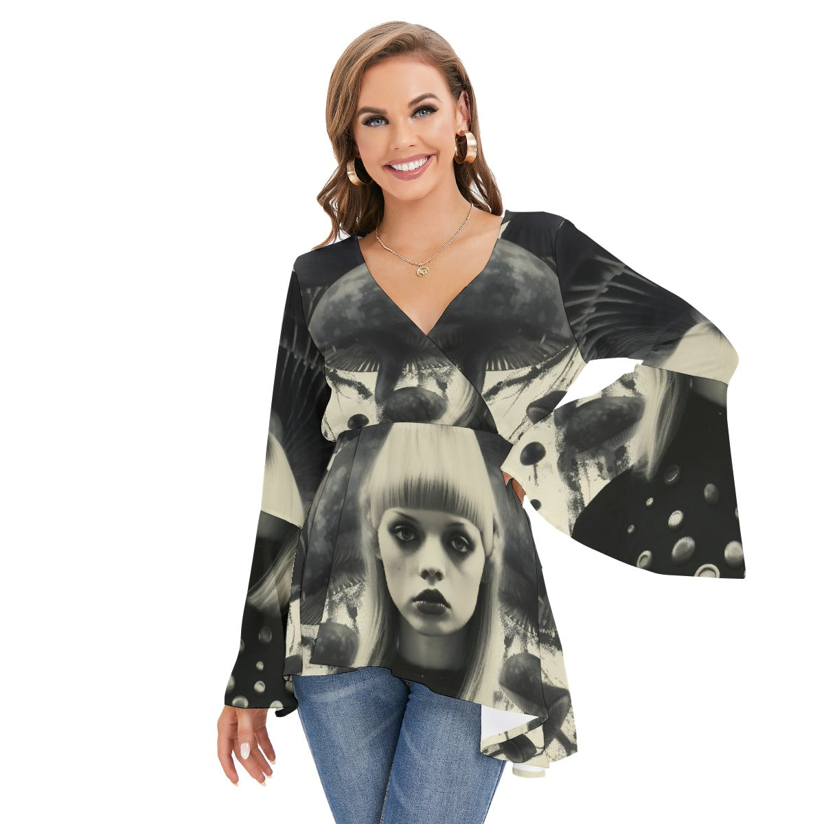 All-Over Print Women's V-neck Blouse With Flared Sleeves