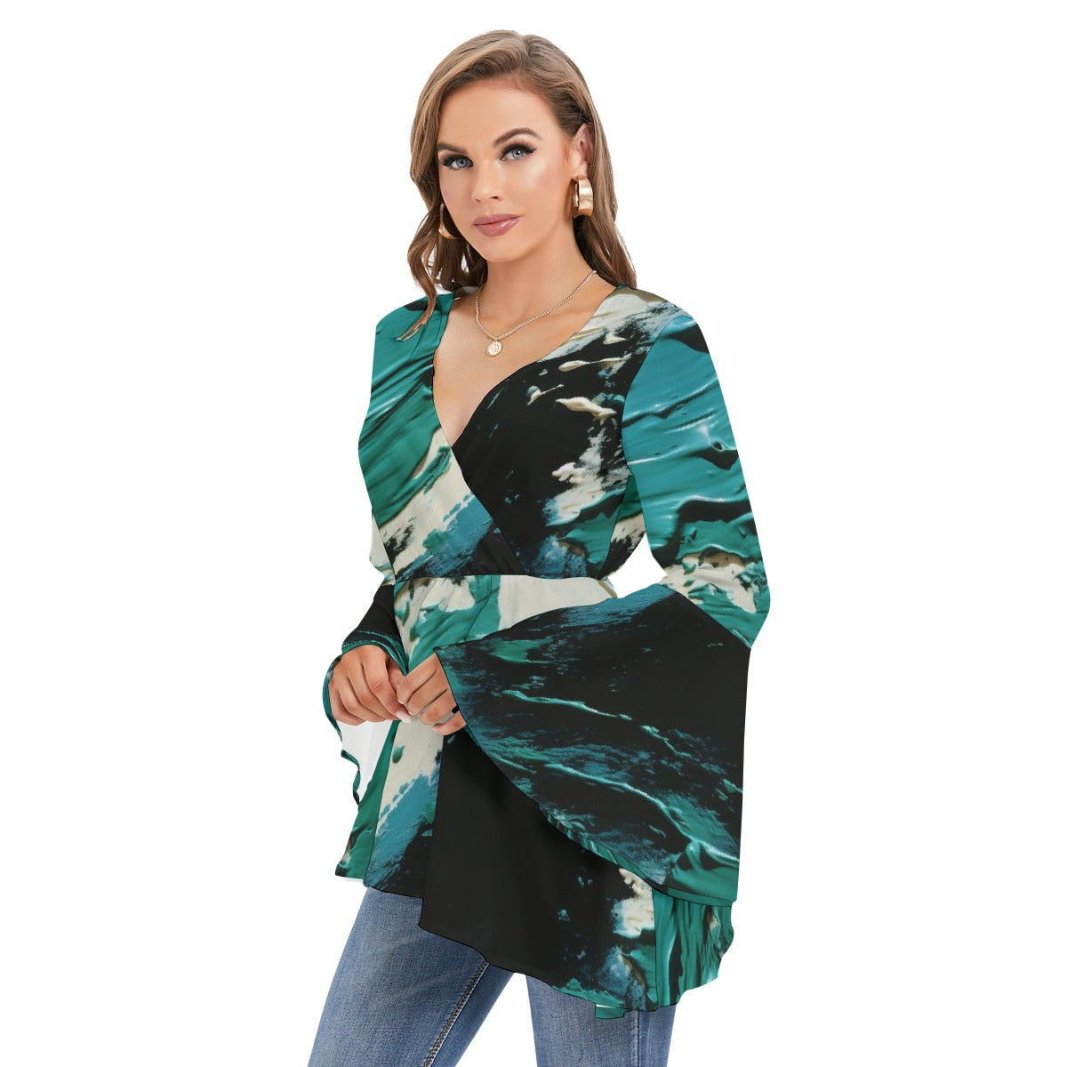All-Over Print Women's V-neck Blouse With Flared Sleeves