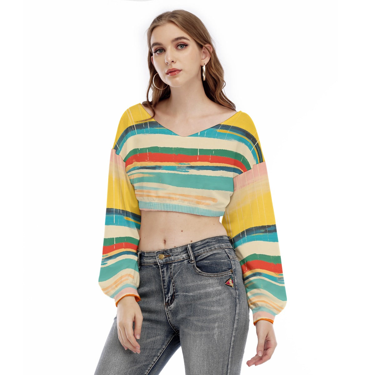 All-Over Print Women's V-neck Long Sleeve Cropped Sweatshirt