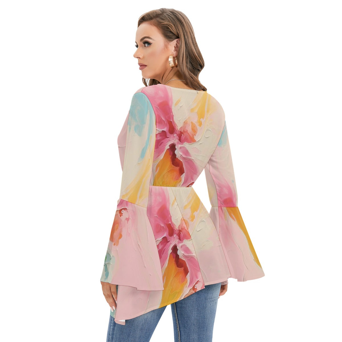 All-Over Print Women's V-neck Blouse With Flared Sleeves