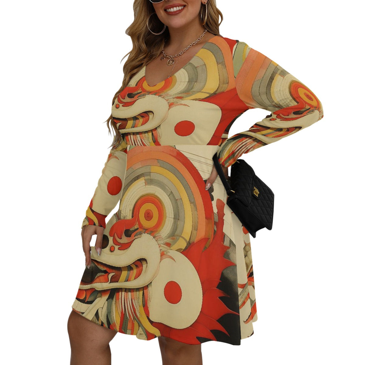 All-Over Print Women's V-neck Long Sleeve Dress(Plus Size)