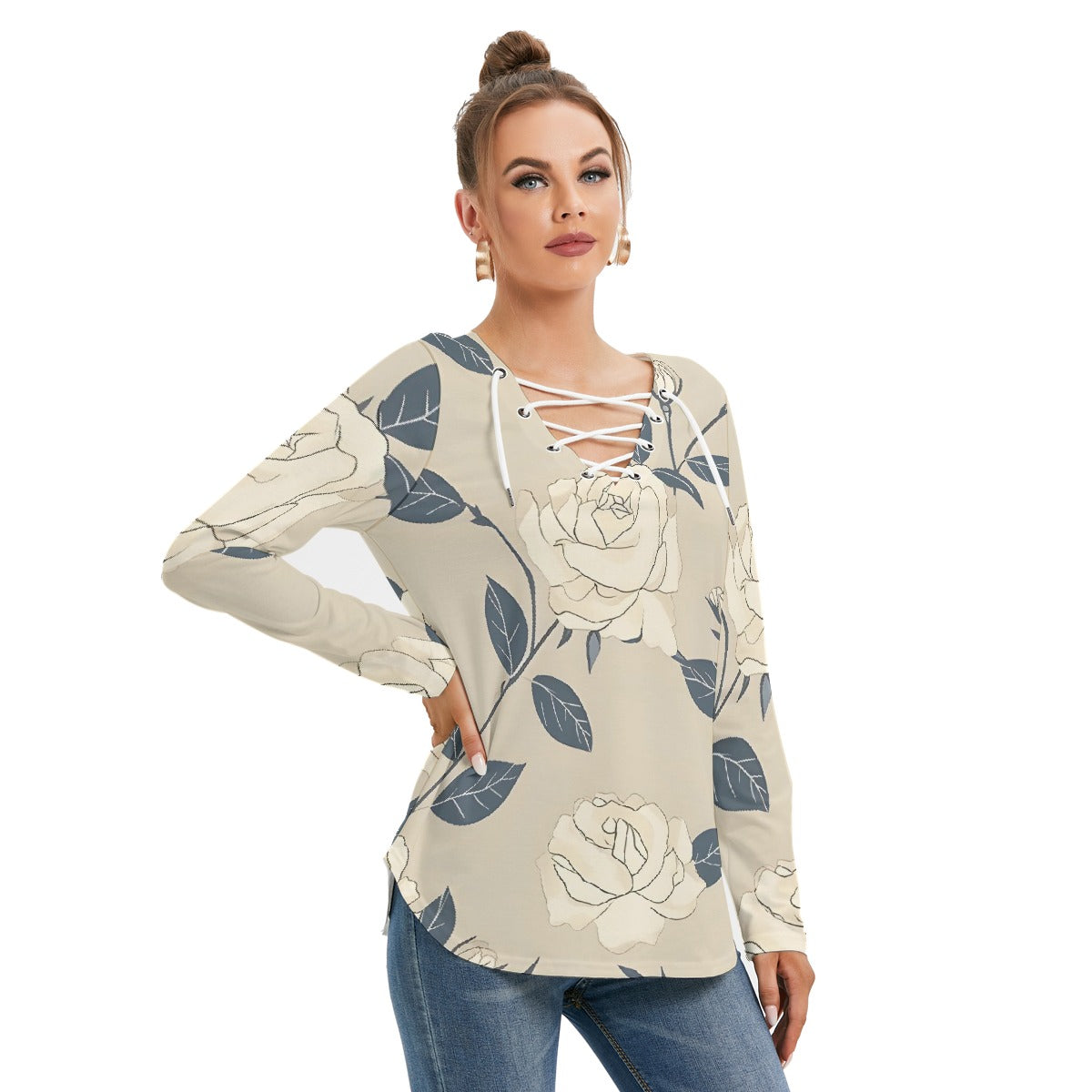 All-Over Print Women's Long Sleeve Neckline Tie Sweatshirt