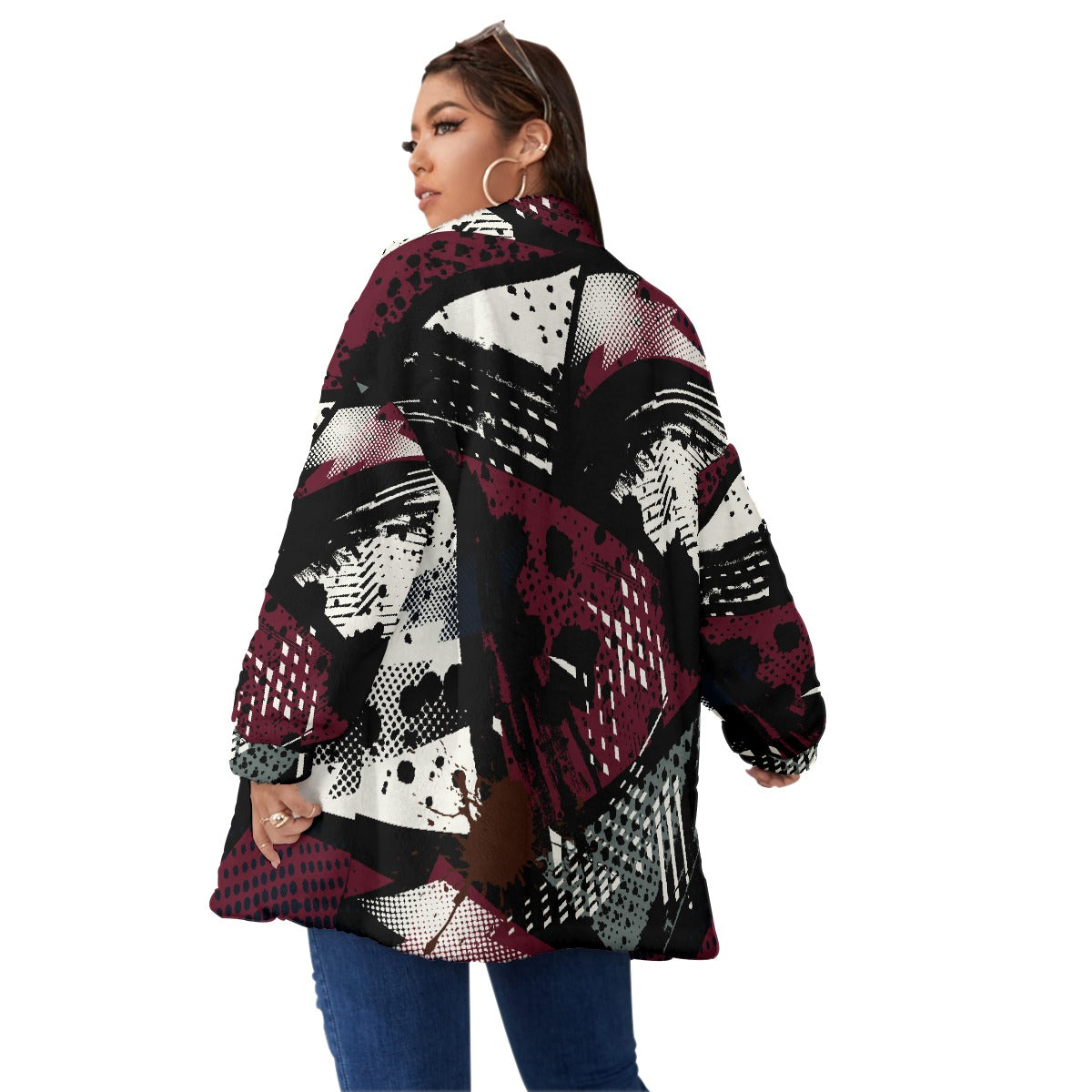 All-Over Print Unisex Borg Fleece Stand-up Collar Coat With Zipper Closure(Plus Size)
