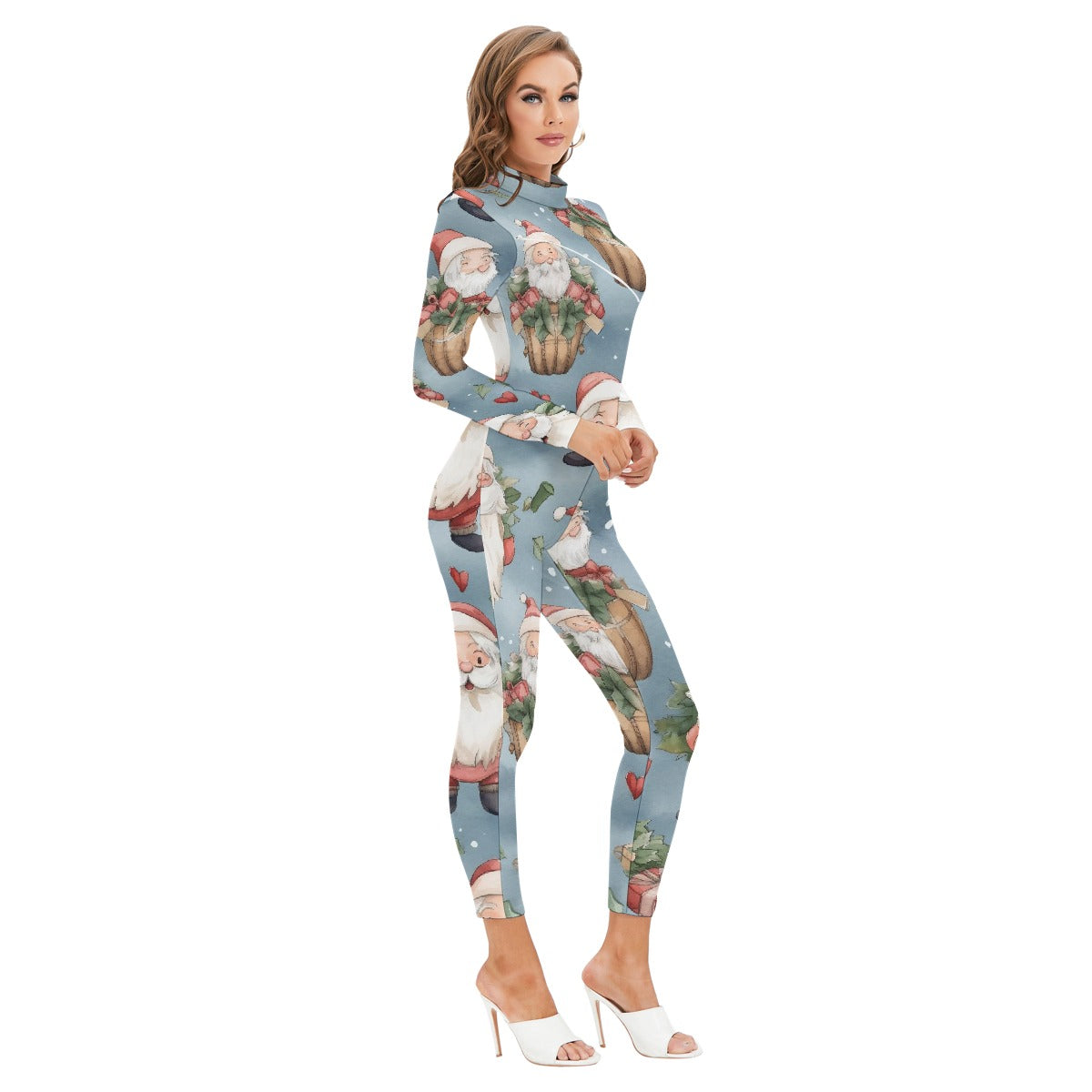 All-Over Print Women's Long-sleeved High-neck Jumpsuit With Zipper