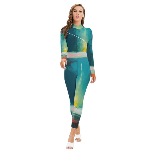All-Over Print Women's Long-sleeved High-neck Jumpsuit With Zipper