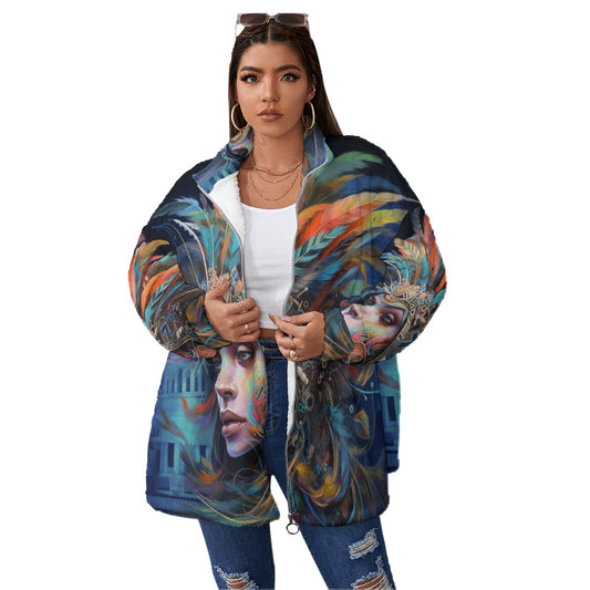 All-Over Print Unisex Borg Fleece Stand-up Collar Coat With Zipper Closure(Plus Size)