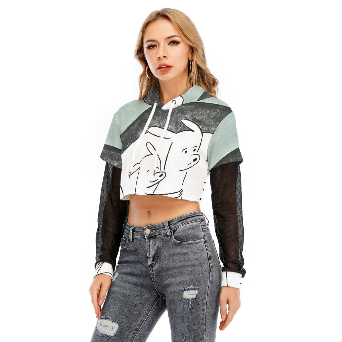 All-Over Print Women's Fake Two-piece Mesh Sleeve Cropped Hoodie