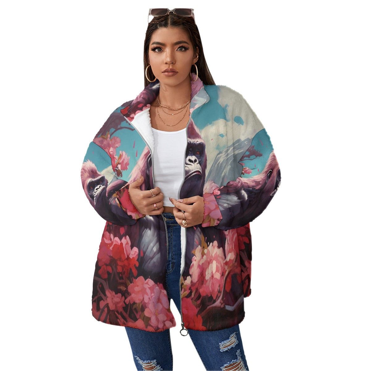 All-Over Print Unisex Borg Fleece Stand-up Collar Coat With Zipper Closure(Plus Size)