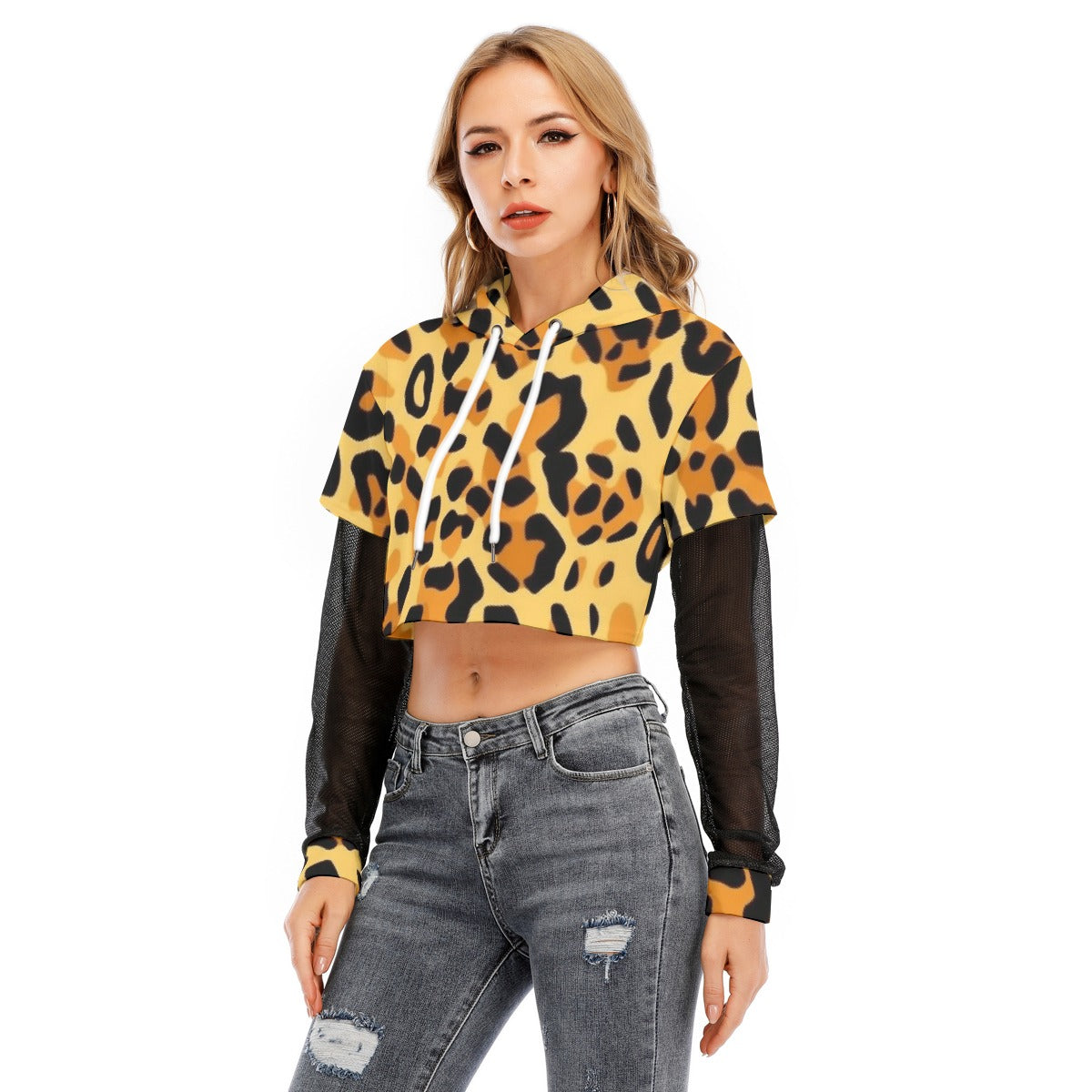 All-Over Print Women's Fake Two-piece Mesh Sleeve Cropped Hoodie