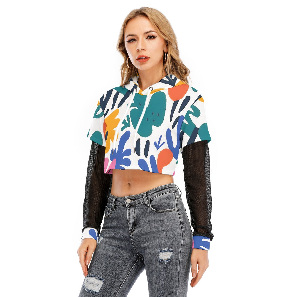 All-Over Print Women's Fake Two-piece Mesh Sleeve Cropped Hoodie