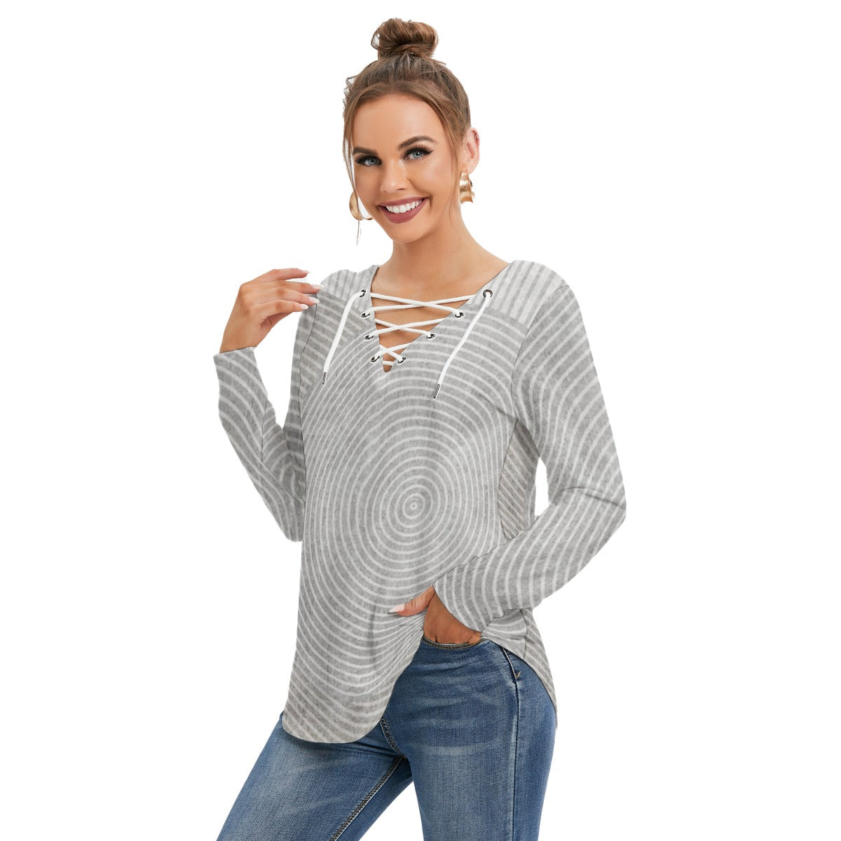 All-Over Print Women's Long Sleeve Neckline Tie Sweatshirt