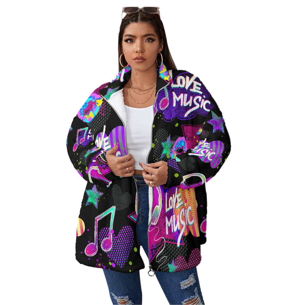 All-Over Print Unisex Borg Fleece Stand-up Collar Coat With Zipper Closure(Plus Size)