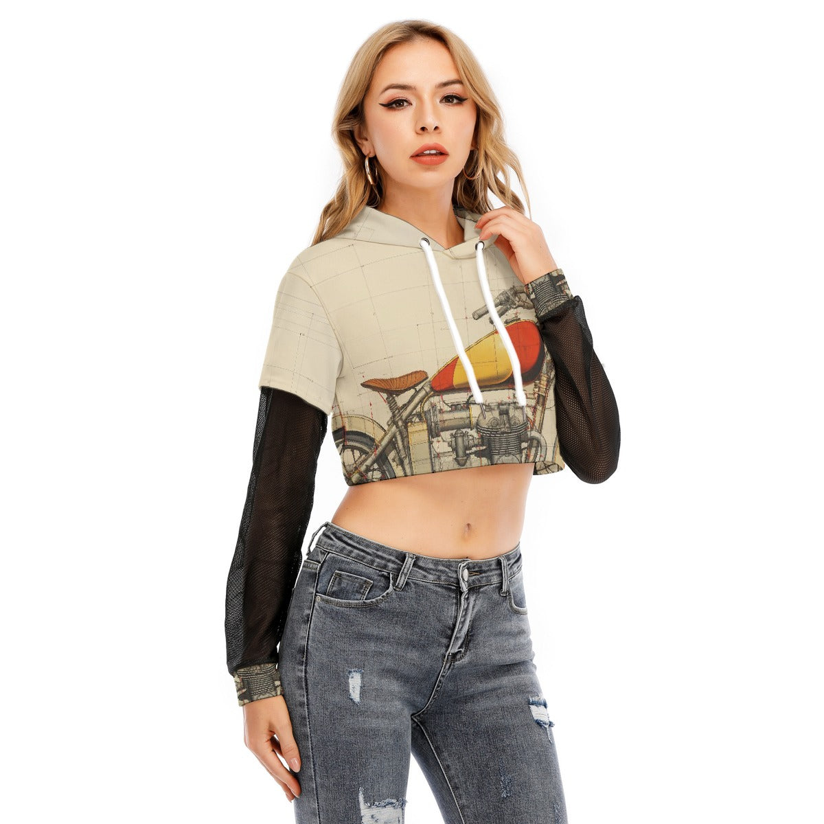 All-Over Print Women's Fake Two-piece Mesh Sleeve Cropped Hoodie