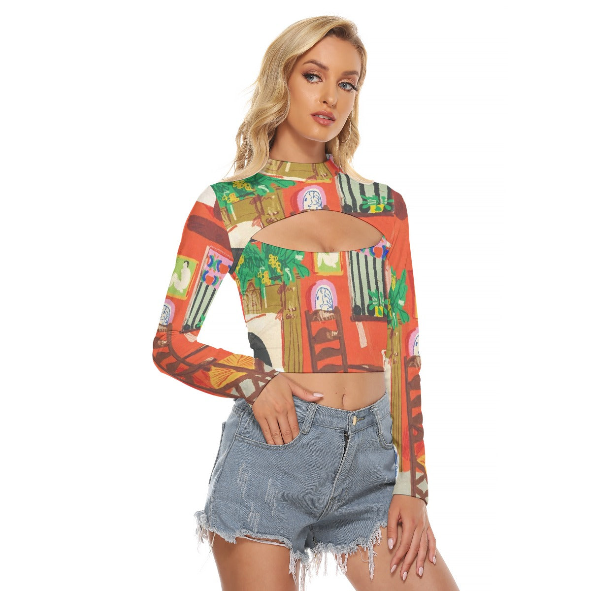All-Over Print Women's Hollow Chest Keyhole Tight Crop Top