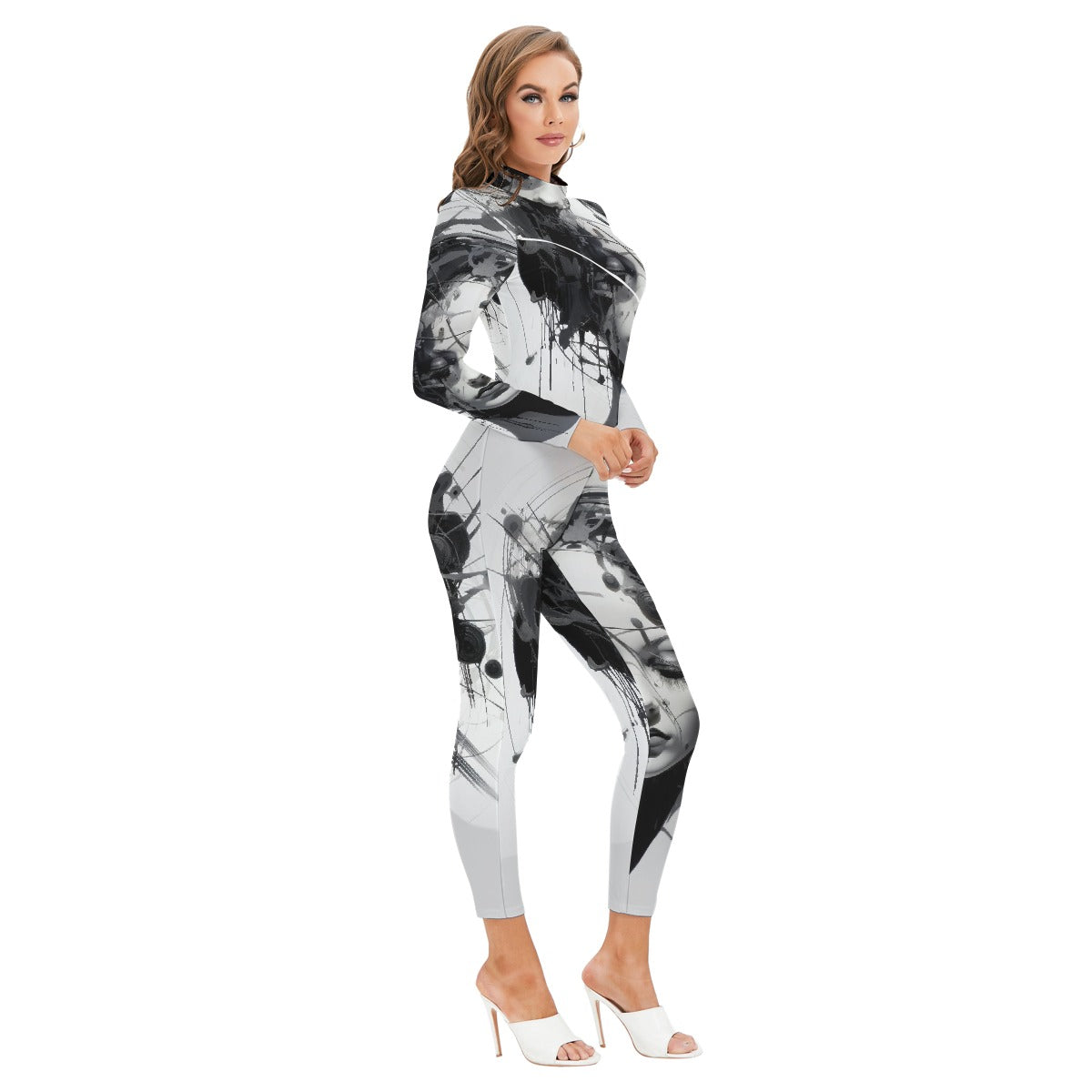 All-Over Print Women's Long-sleeved High-neck Jumpsuit With Zipper