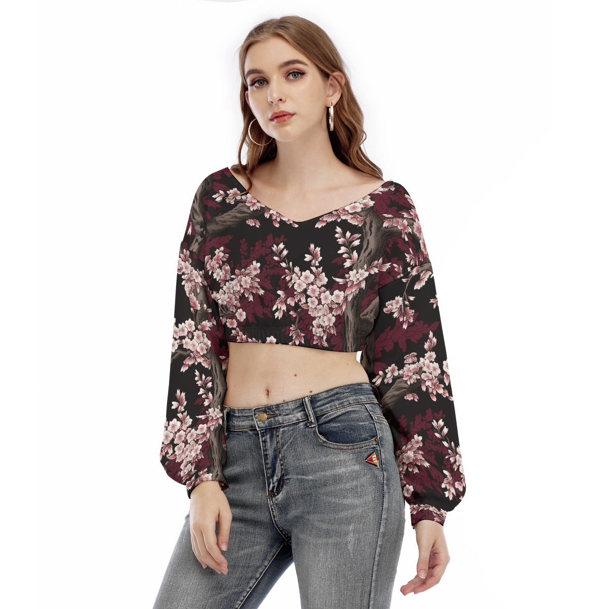 All-Over Print Women's V-neck Long Sleeve Cropped Sweatshirt