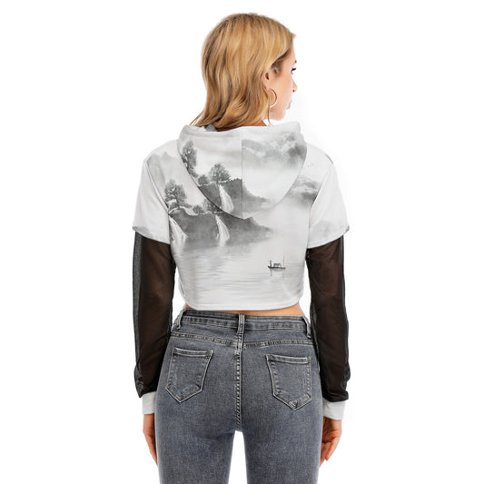 All-Over Print Women's Fake Two-piece Mesh Sleeve Cropped Hoodie