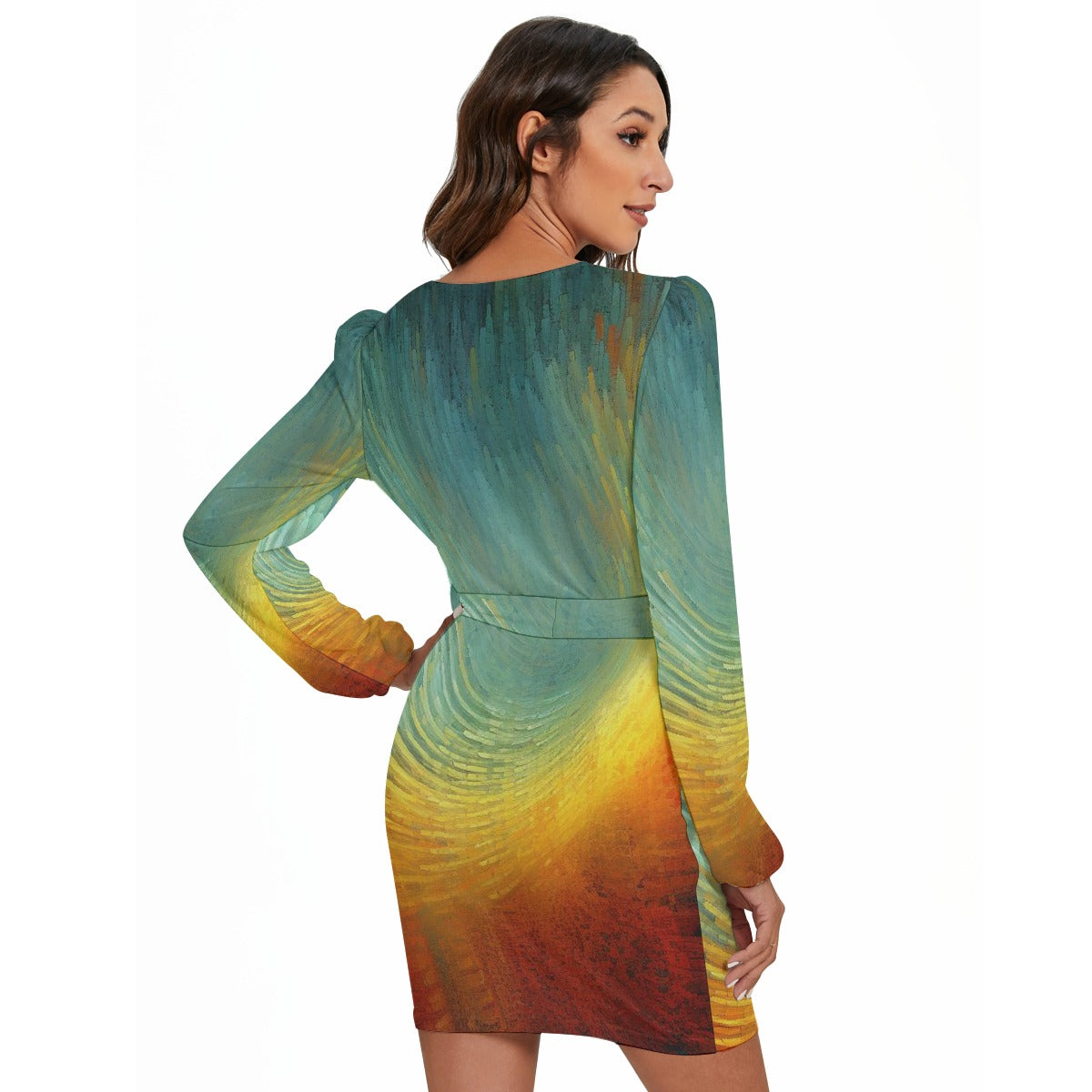 All-Over Print Women's Long Sleeve Dress With Waist Belt