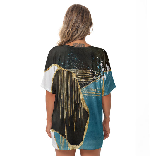 All-Over Print Women's Bat Sleeves V-Neck Blouse