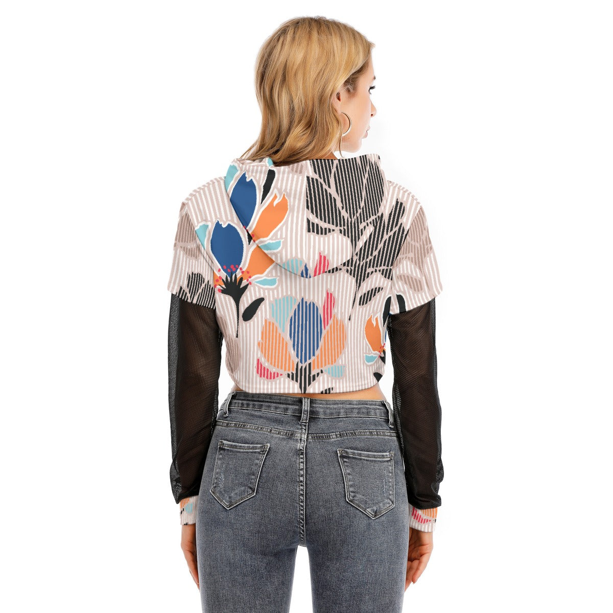 All-Over Print Women's Fake Two-piece Mesh Sleeve Cropped Hoodie