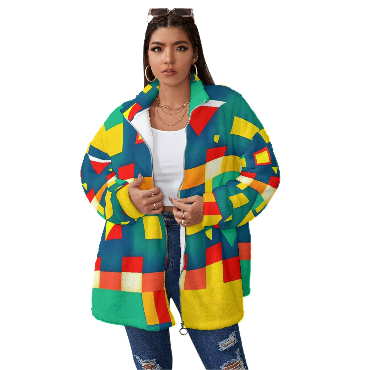 All-Over Print Unisex Borg Fleece Stand-up Collar Coat With Zipper Closure(Plus Size)