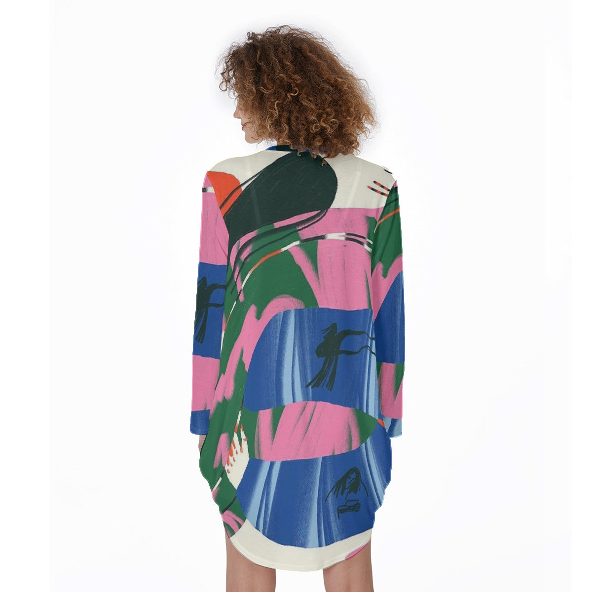 All-Over Print Women's Casual Loose Long Sleeve Dress With Pocket