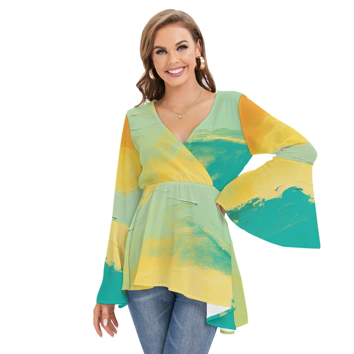 All-Over Print Women's V-neck Blouse With Flared Sleeves
