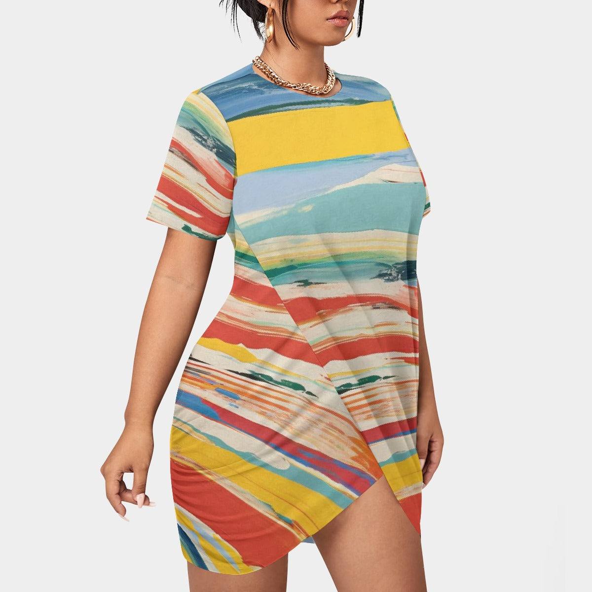 All-Over Print Women’s Stacked Hem Dress With Short Sleeve（Plus Size）