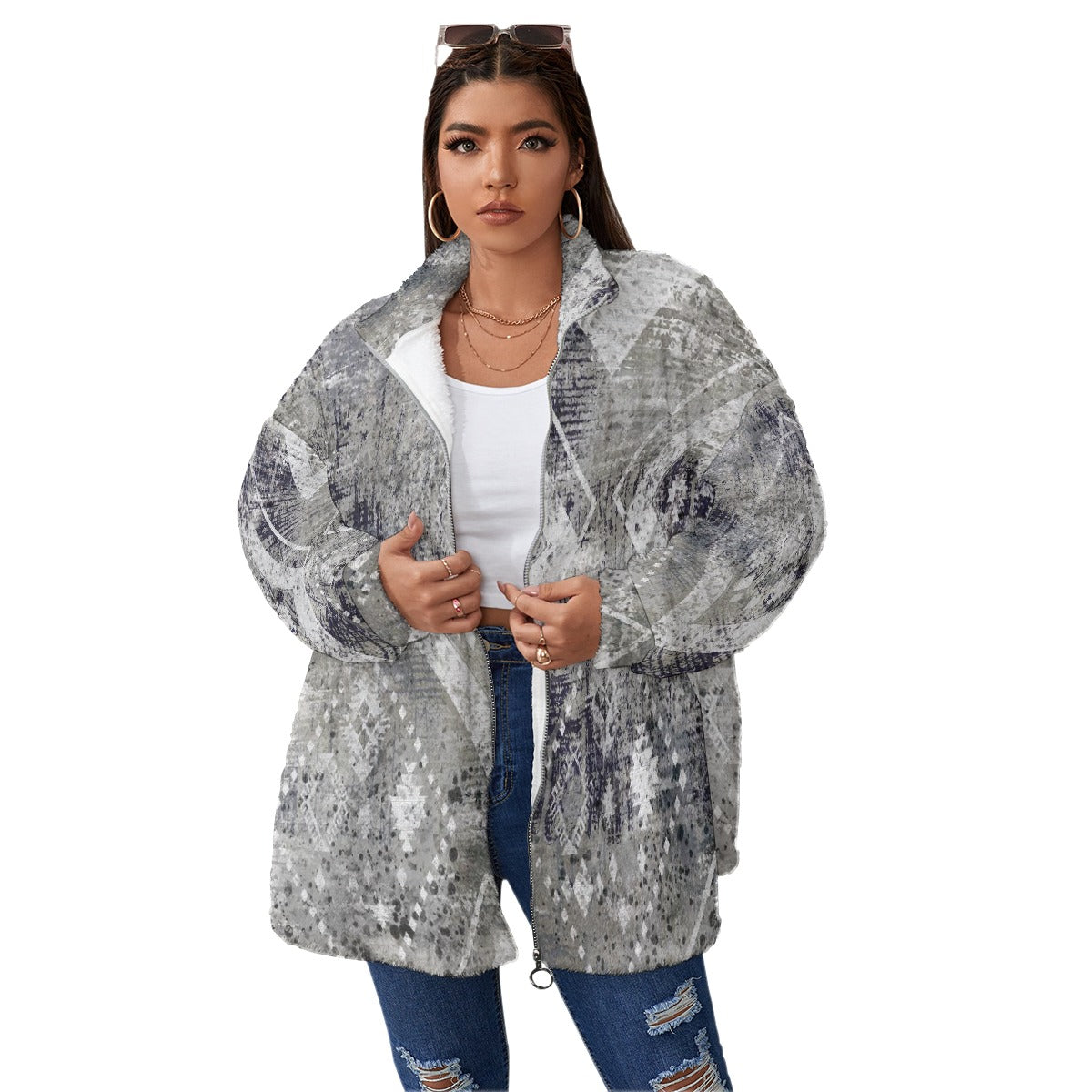 All-Over Print Unisex Borg Fleece Stand-up Collar Coat With Zipper Closure(Plus Size)