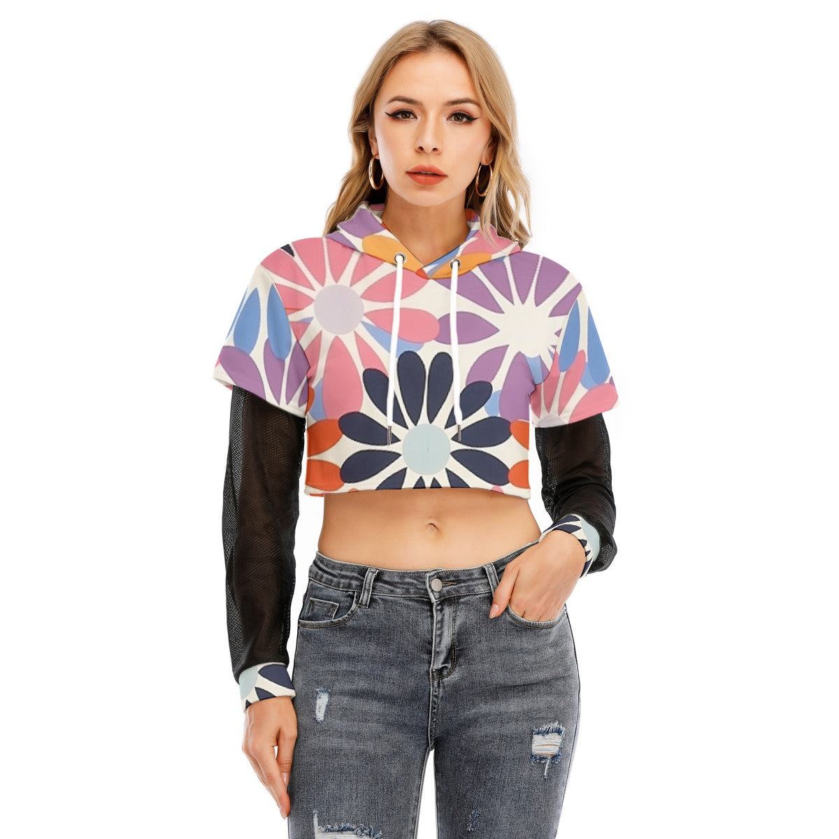All-Over Print Women's Fake Two-piece Mesh Sleeve Cropped Hoodie