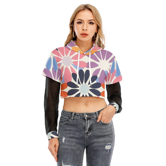 All-Over Print Women's Fake Two-piece Mesh Sleeve Cropped Hoodie