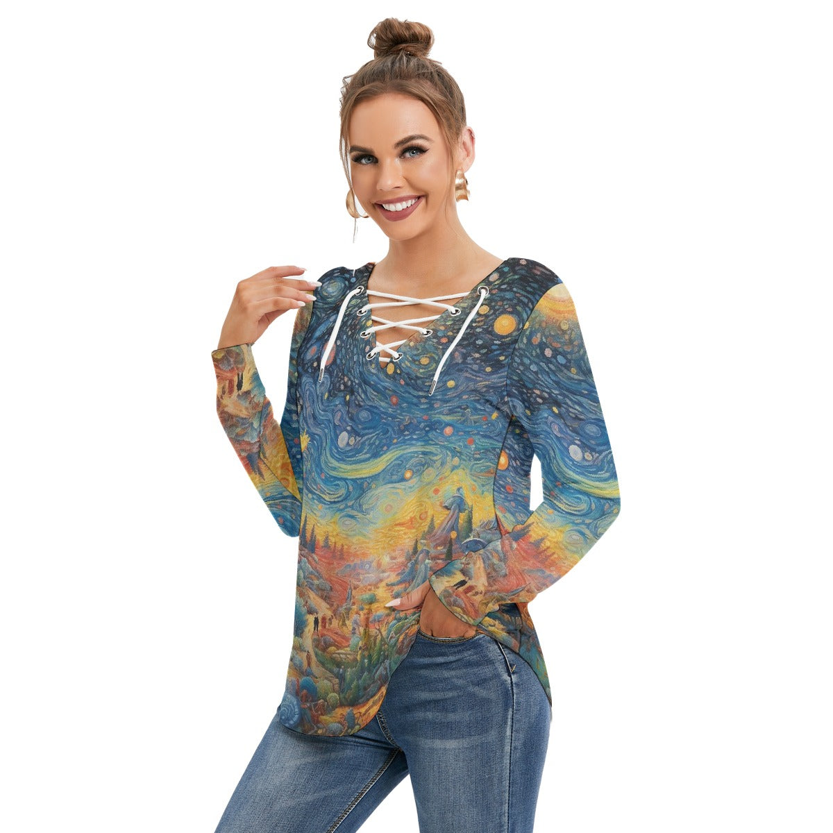 All-Over Print Women's Long Sleeve Neckline Tie Sweatshirt