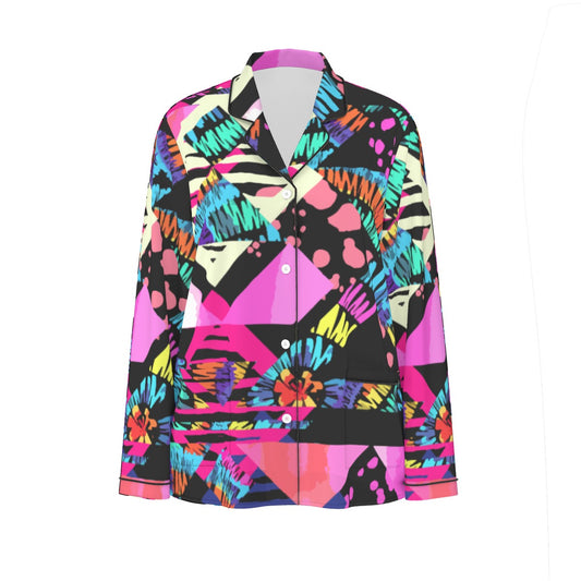 All-Over Print Women's Long Sleeve Pajama Set With Black Contrast Piping