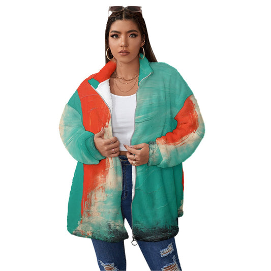 All-Over Print Unisex Borg Fleece Stand-up Collar Coat With Zipper Closure(Plus Size)
