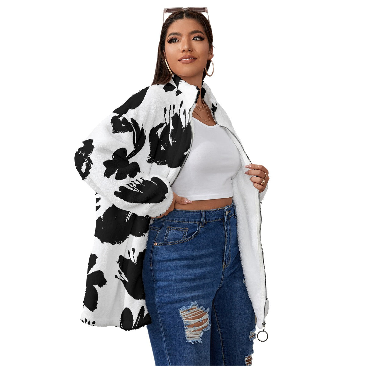 All-Over Print Unisex Borg Fleece Stand-up Collar Coat With Zipper Closure(Plus Size)