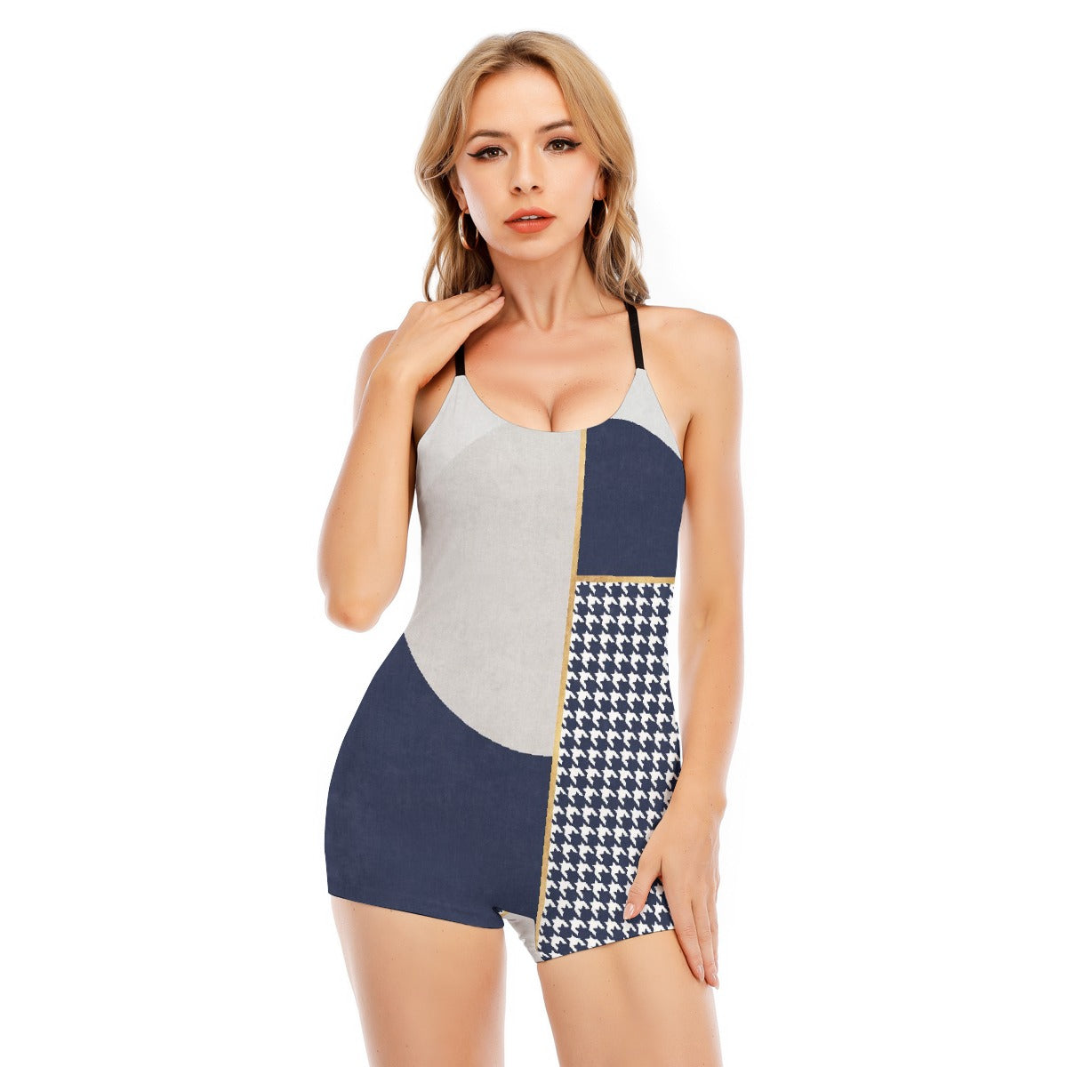 All-Over Print Women's Backless Romper With Black Straps