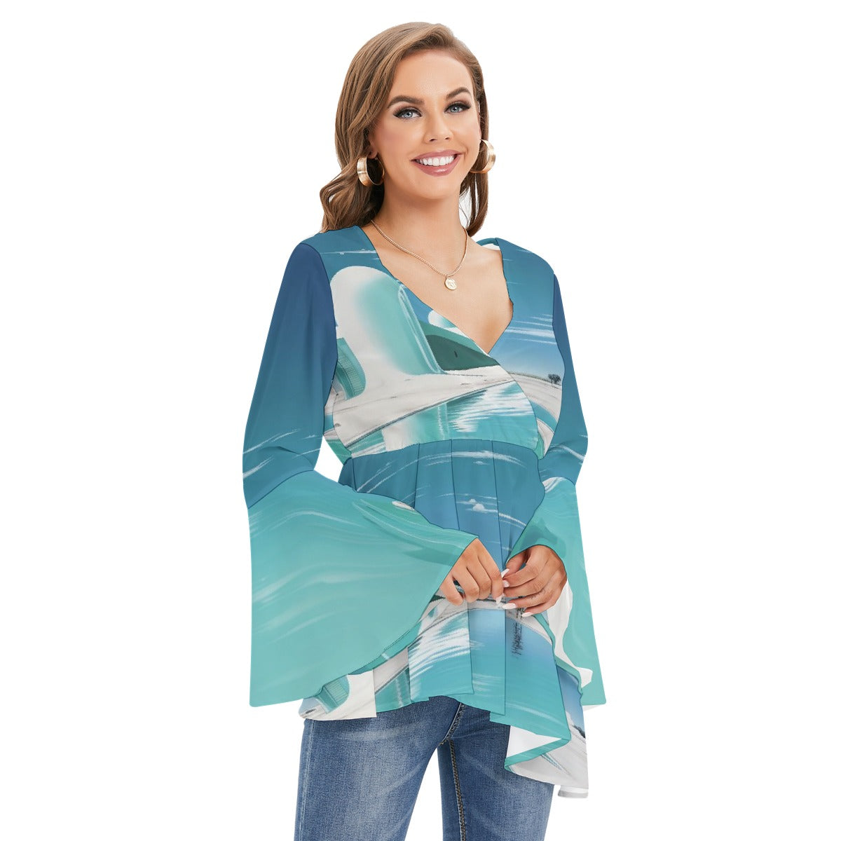 All-Over Print Women's V-neck Blouse With Flared Sleeves