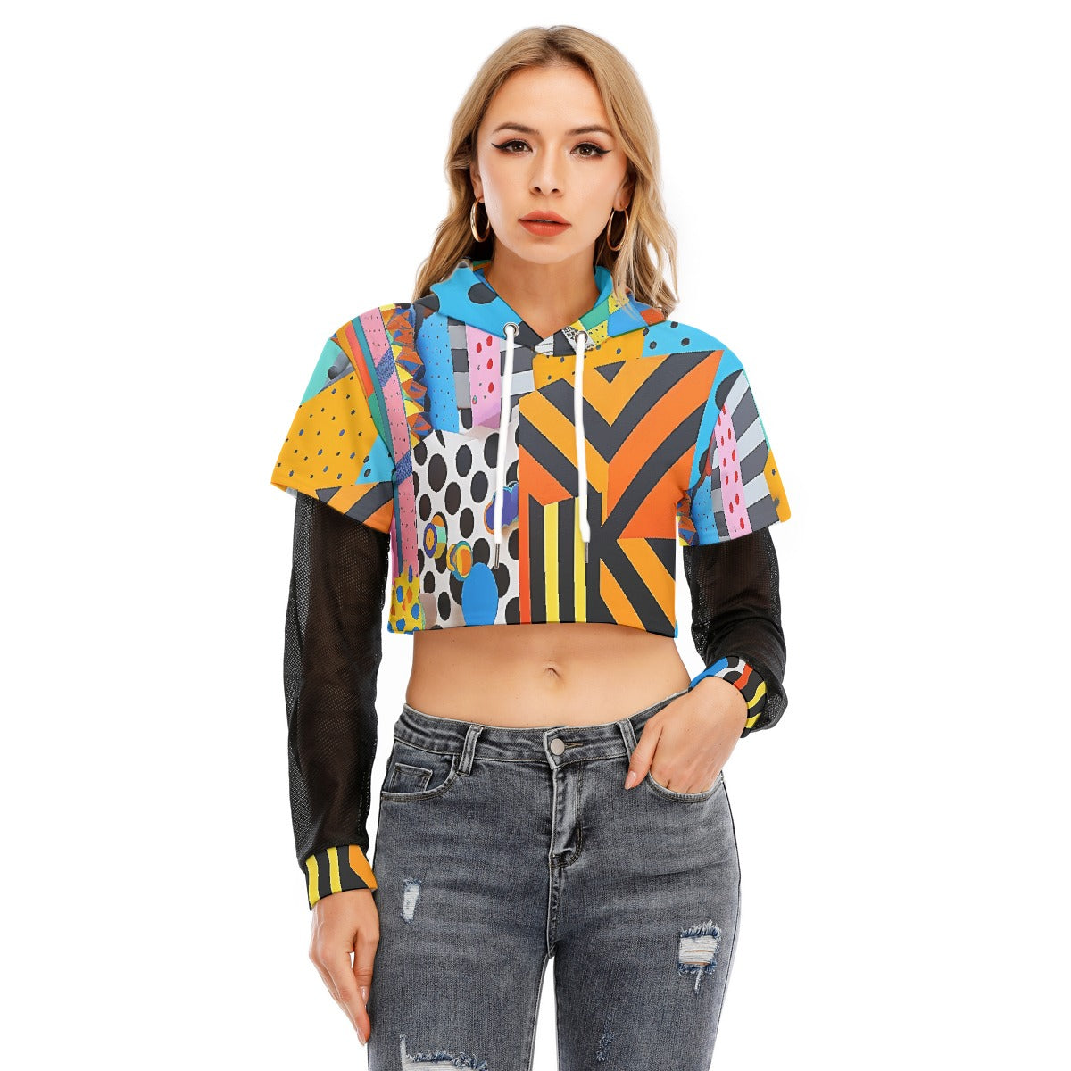 All-Over Print Women's Fake Two-piece Mesh Sleeve Cropped Hoodie