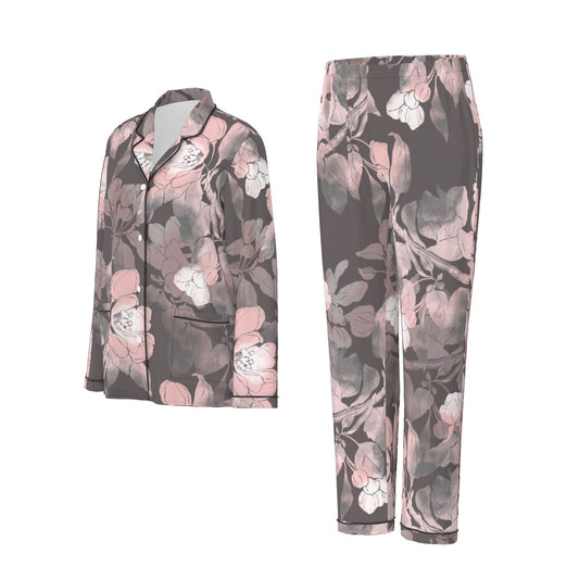 All-Over Print Women's Long Sleeve Pajama Set With Black Contrast Piping