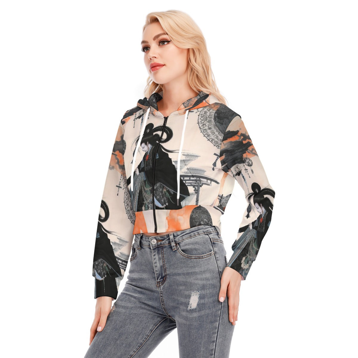 All-Over Print Women's Crop Top Hoodie With Zipper Closure