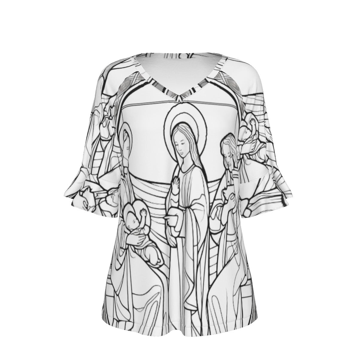 All-Over Print V-neck Women's T-shirt With Bell Sleeve