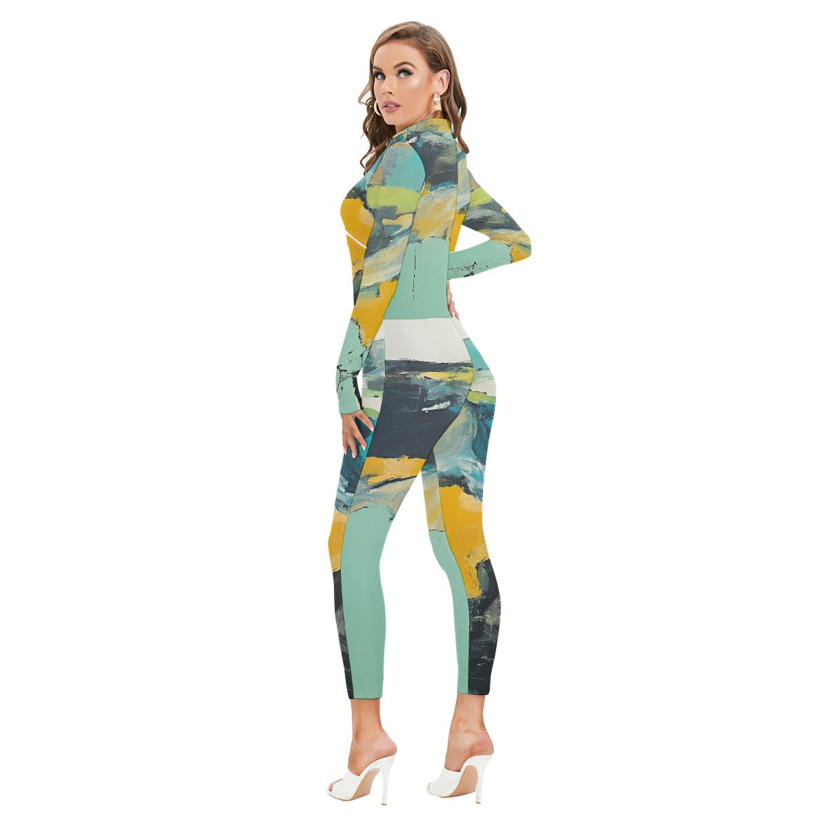 All-Over Print Women's Long-sleeved High-neck Jumpsuit With Zipper