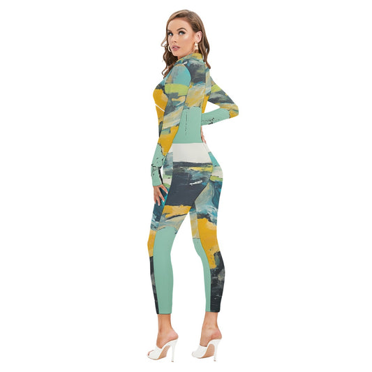 All-Over Print Women's Long-sleeved High-neck Jumpsuit With Zipper