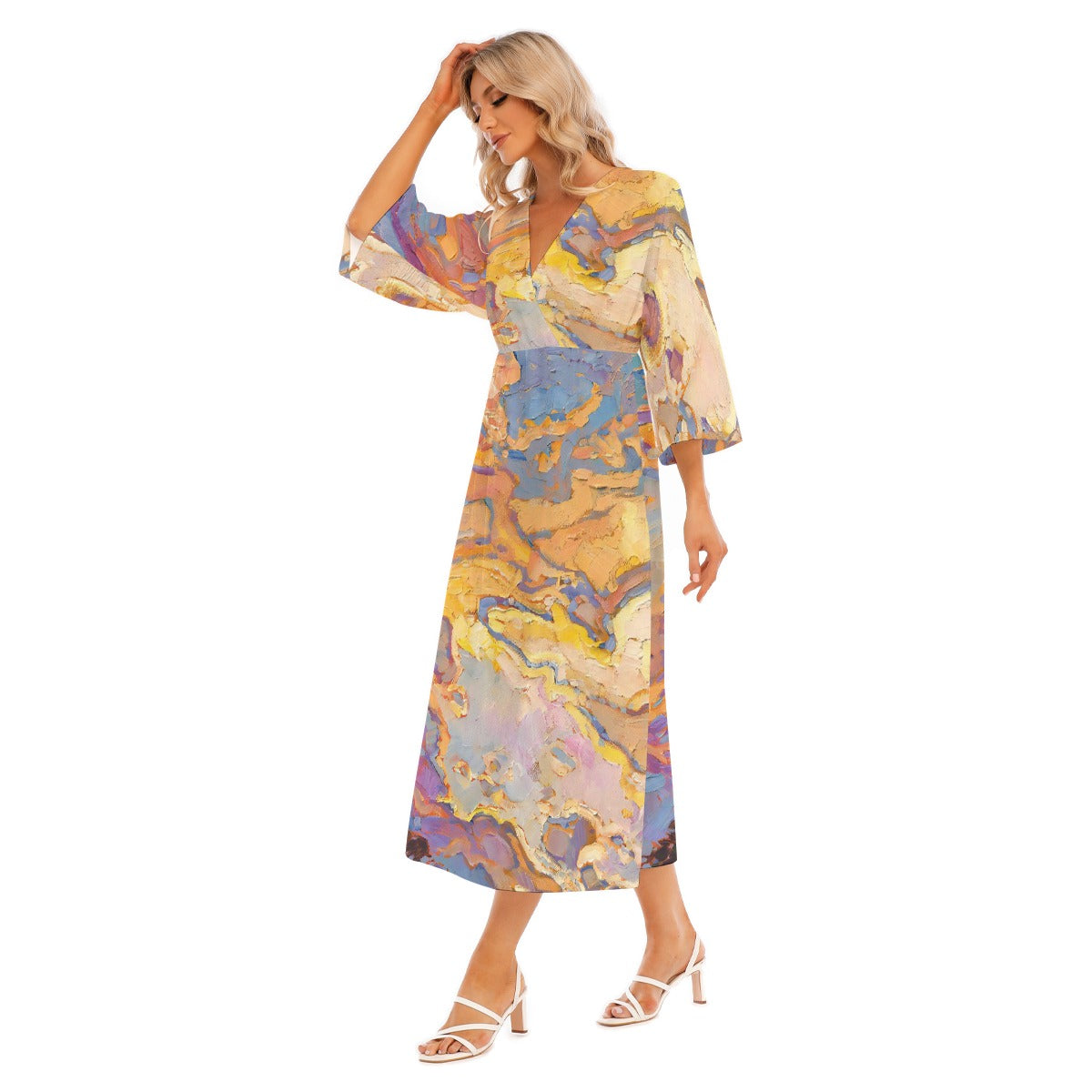 All-Over Print Women's Mid-Sleeve Long Dress